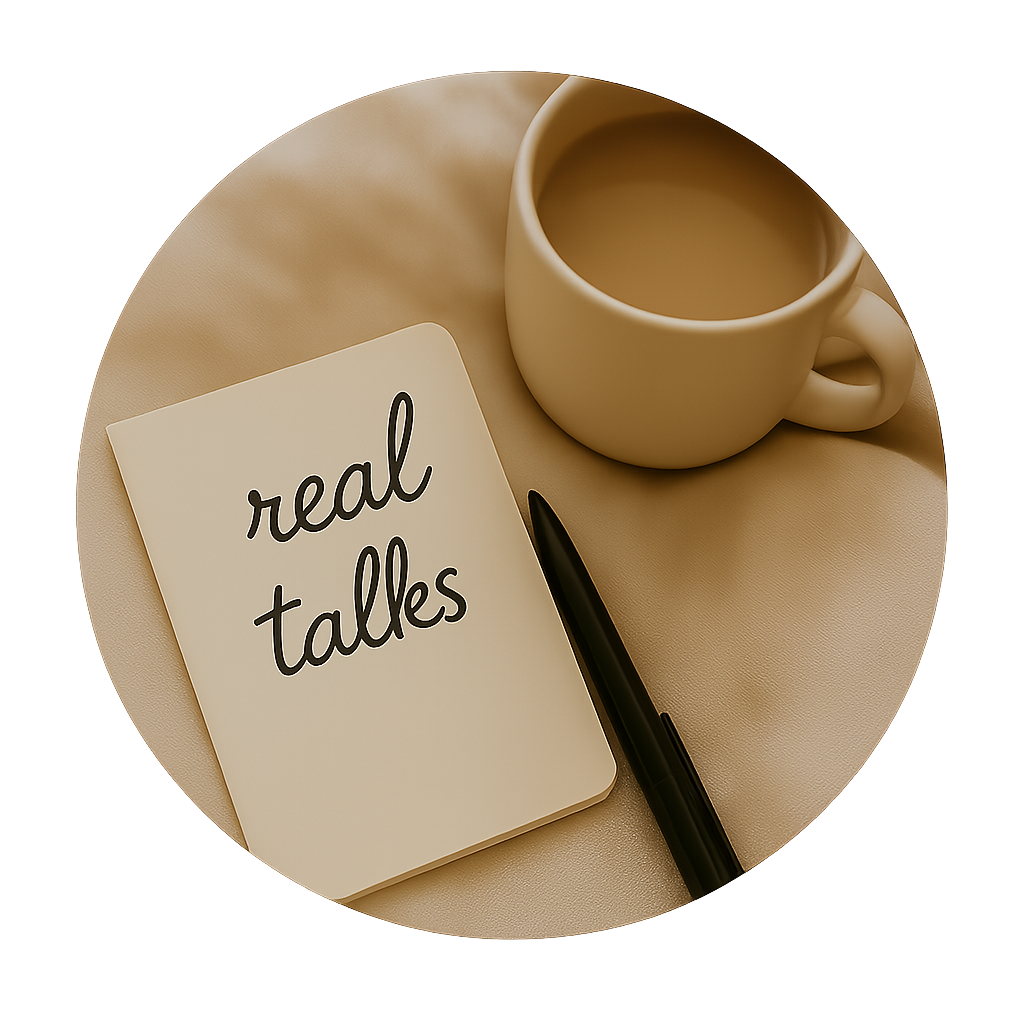 A round notebook with “real talks” handwritten on it, placed beside a black pen and a coffee mug on soft beige fabric.