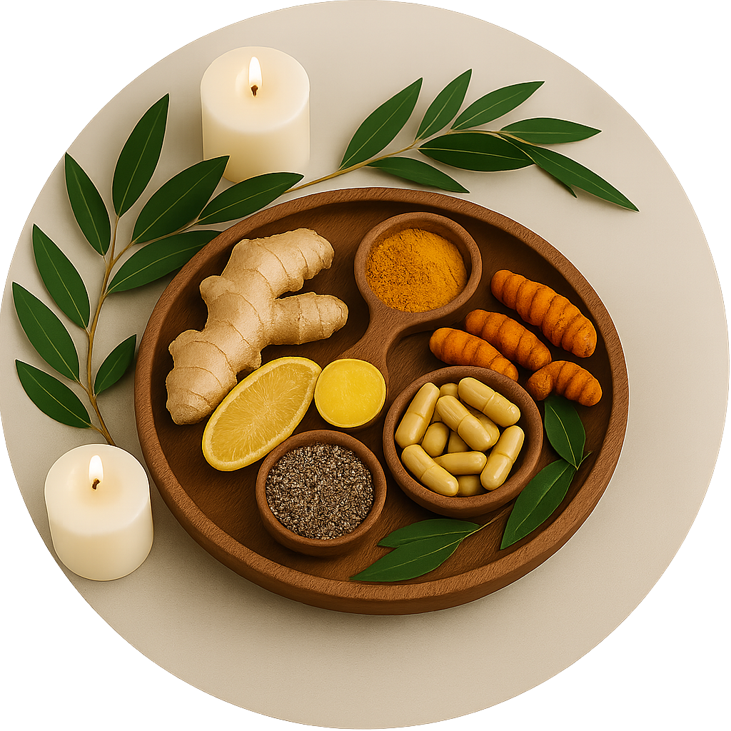 A round wooden tray with ginger, turmeric, chia seeds, lemon slices, herbal capsules, and candles, arranged with eucalyptus on a neutral background.
