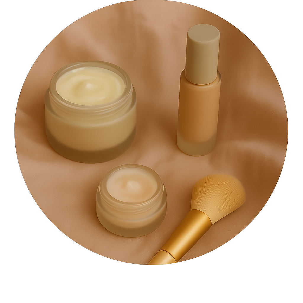 Flat lay of skincare and makeup products including foundation, face cream, and a makeup brush on blush-toned satin fabric, representing the Glow category