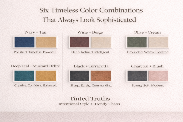 Infographic showing six universally flattering color combinations for women including navy and tan, wine and beige, olive and cream, deep teal and mustard ochre, black and terracotta, and charcoal with blush pink.