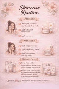 Pastel pink skincare routine infographic showing AM routine, PM routine, weekly exfoliation on Wednesday, Sunday face mask with ceramides and peptides, and optional lip mask and eye cream.