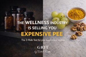 Split-screen banner showing supplement bottles on one side and natural foods like turmeric, amla, and walnuts on the other, with the headline “The Wellness Industry Is Selling You Expensive Pee” and subtext about a 3-rule test for supplements.