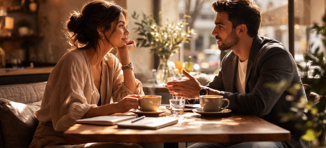 AI-generated image of a couple having a conversation in a café, symbolizing discussions around equality, expectations, and modern relationships.